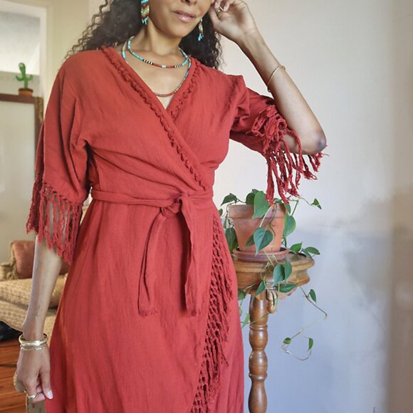 Organic Boho Linen Wrap Dress w/ Fringe - Picture 2 of 5